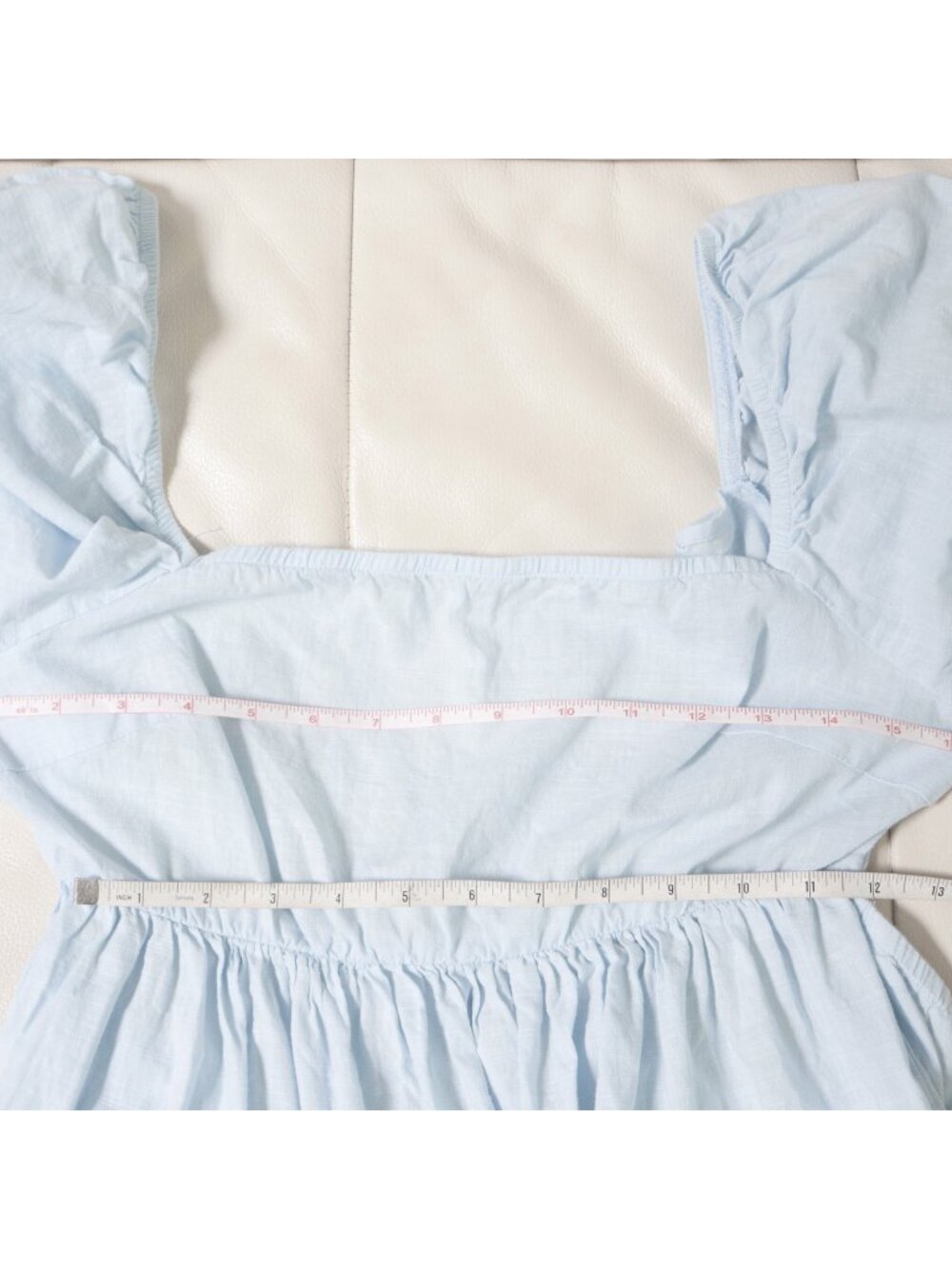 SHEIN Blue Cotton Peasant Style Babydoll Dress w/ Open Bowtie Back & Puff Sleeve - Picture 8 of 9
